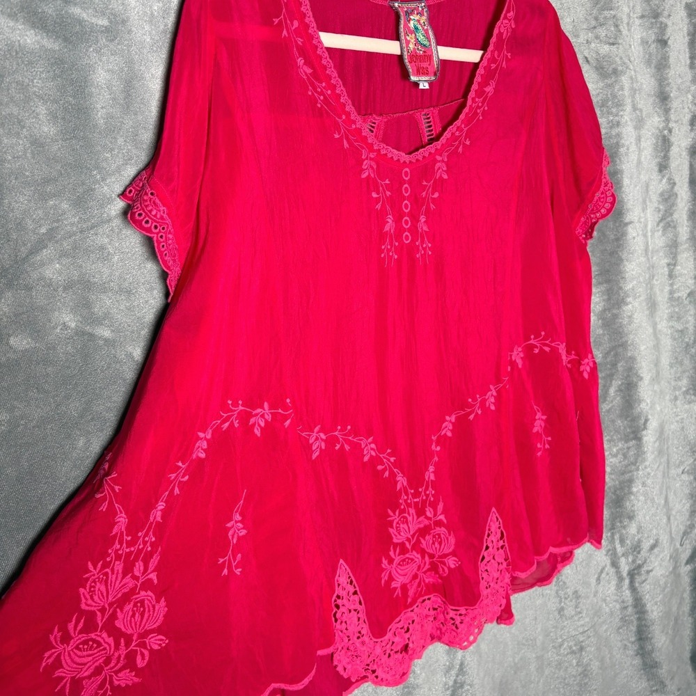 Johnny Was Fuchsia Embroidered Blouse Top Semi Sheer Fairy Whimsy Ethereal  L